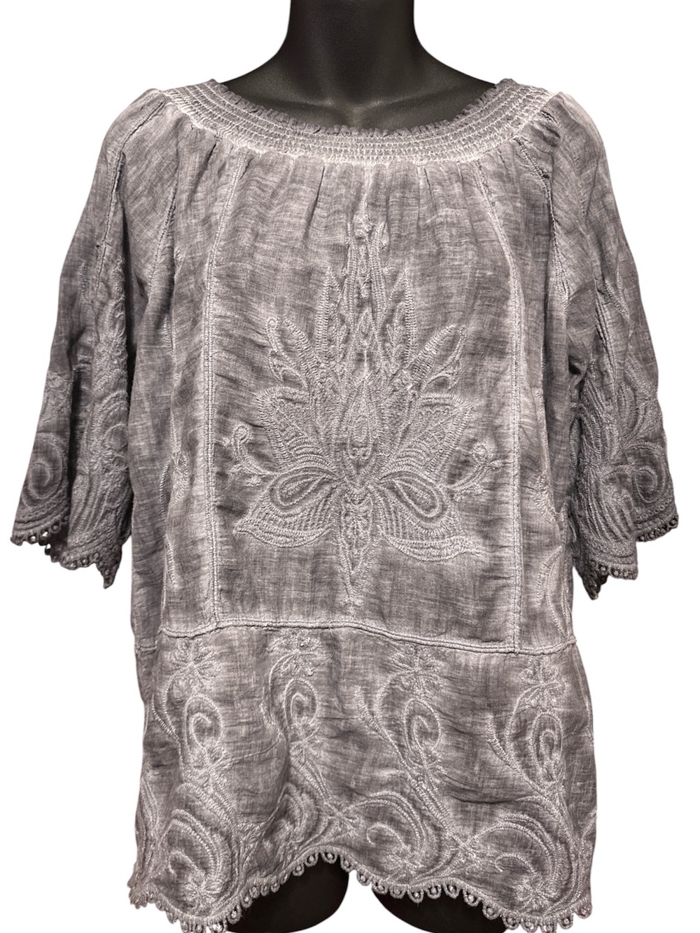 Indigo Gray Embroidered Scoop-Neck Peasant Blouse SZ S
